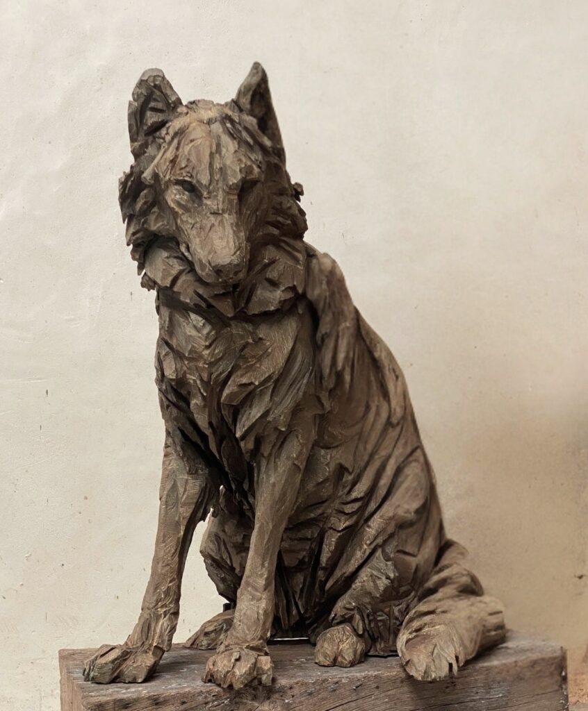 Jürgen Lingl Joe sitting wolf bronze sculpture