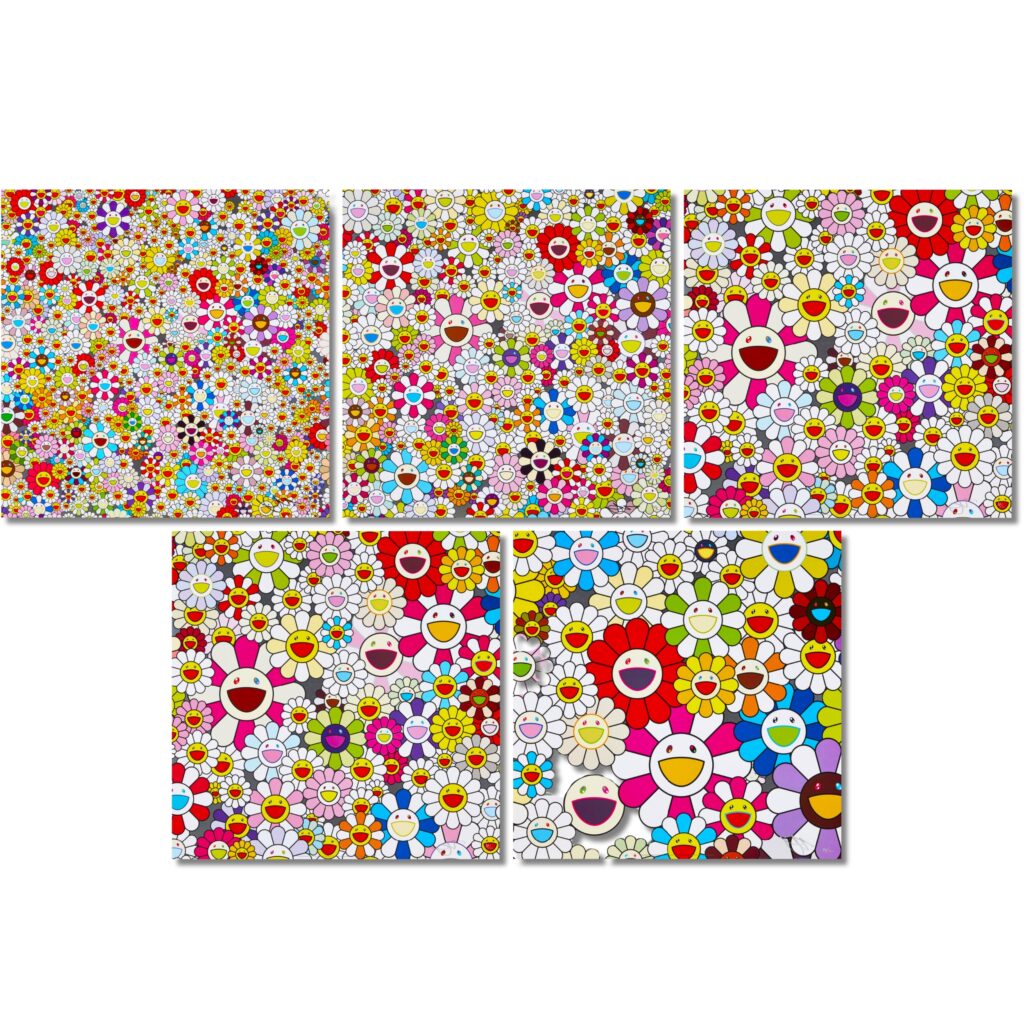 takashi murakami Flowers-Blooming-in-this-World-and-the-Land-of-Nirvana-pentaptyque galerie paul janssen